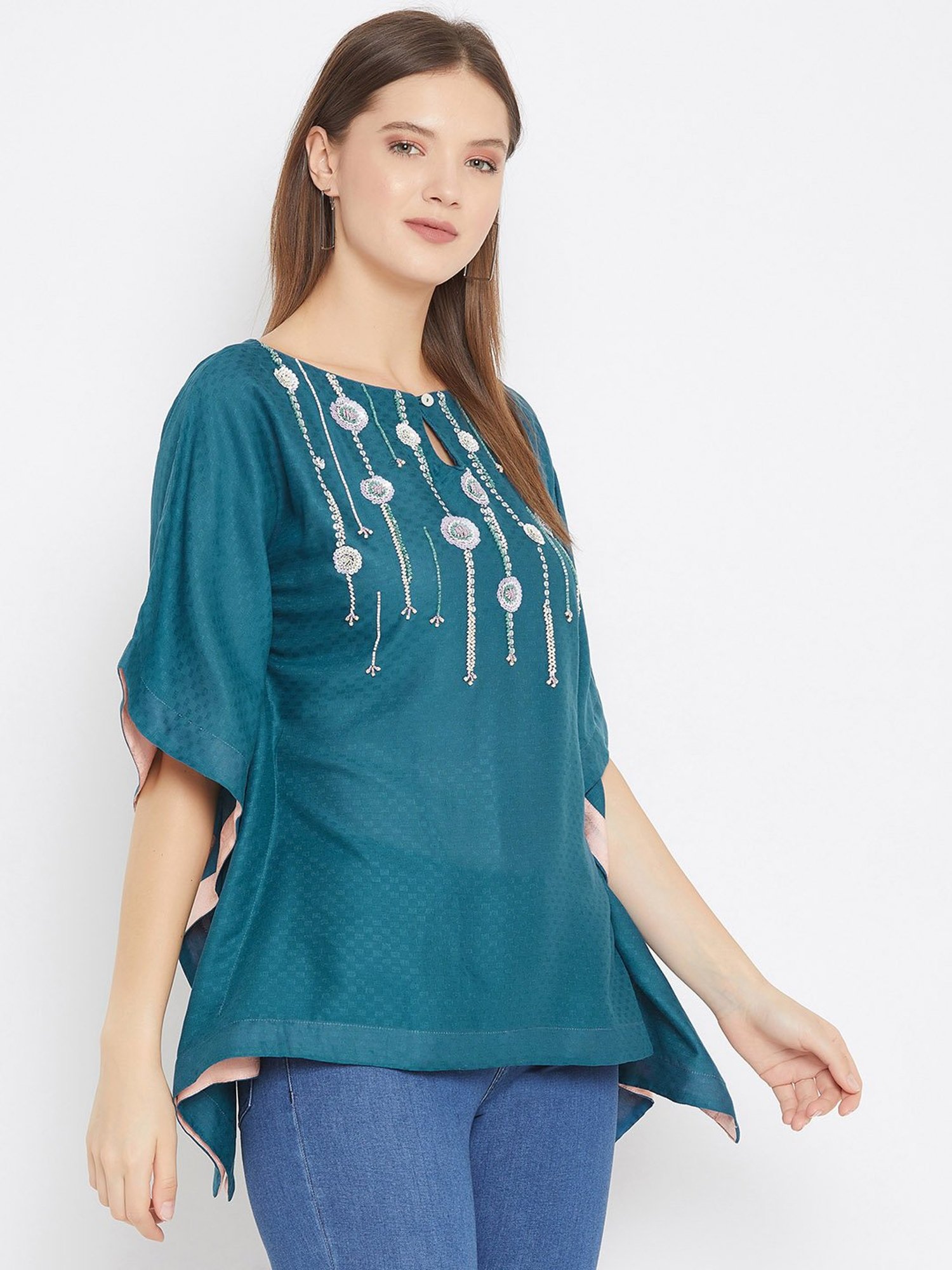 The Kaftan Company Teal Embroidered Kaftan Top