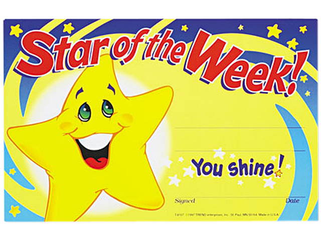 Recognition Awards, Star of the Week!, 8-1/2w x 5-1/2h, 30/Pack