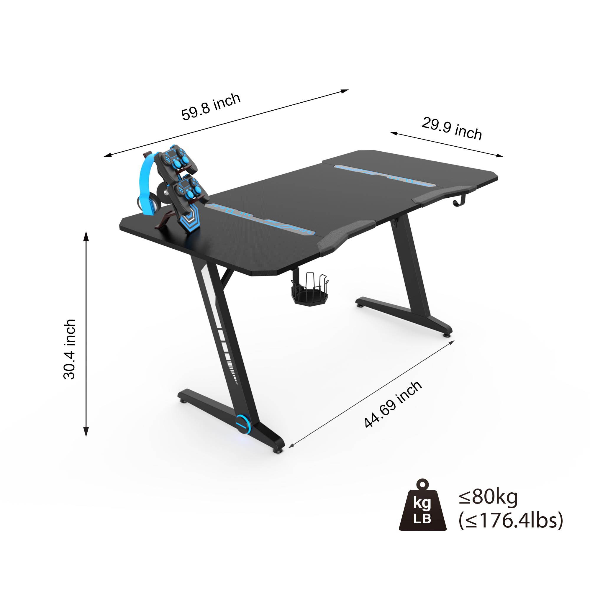 43.3'' Gaming Desk Z-Shaped Professional E-Sport Gamer Workstation Ergonomic PC Gaming Table Home Office Desk with LED Lights & Large Carbon Fiber Surface