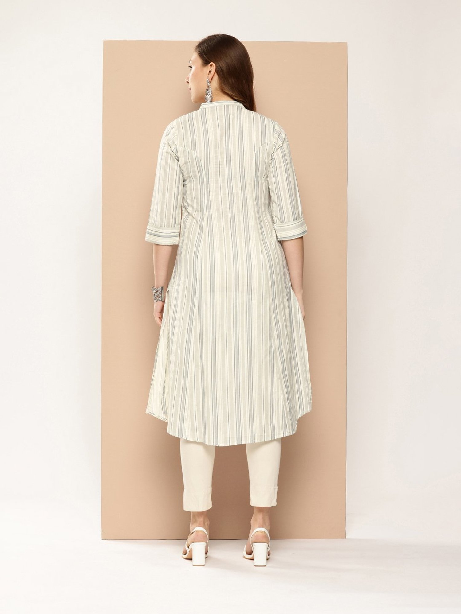Amukti Beige Striped A-Line Kurta