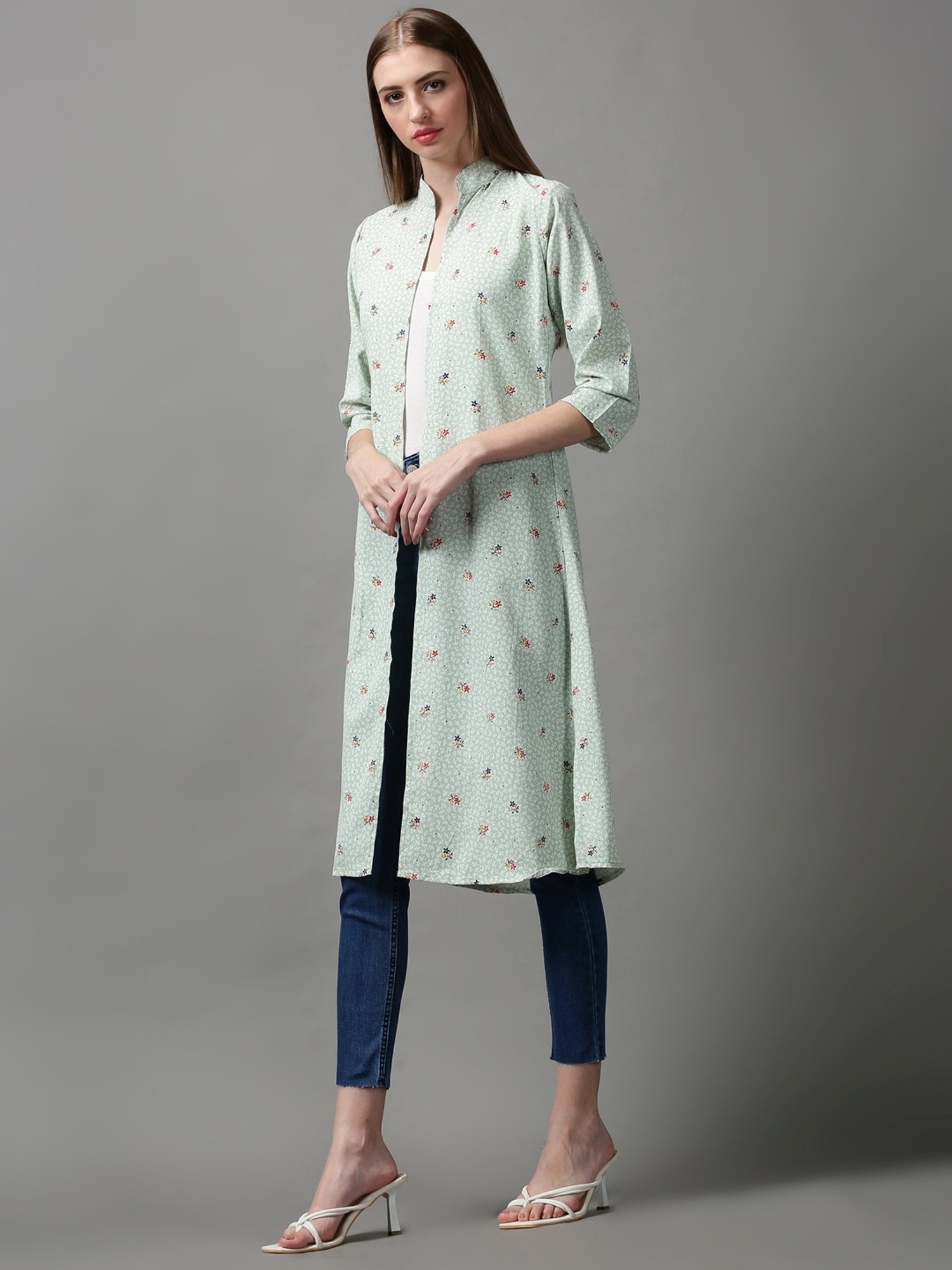 SHOWOFF Sea Green Printed Longline Shrug