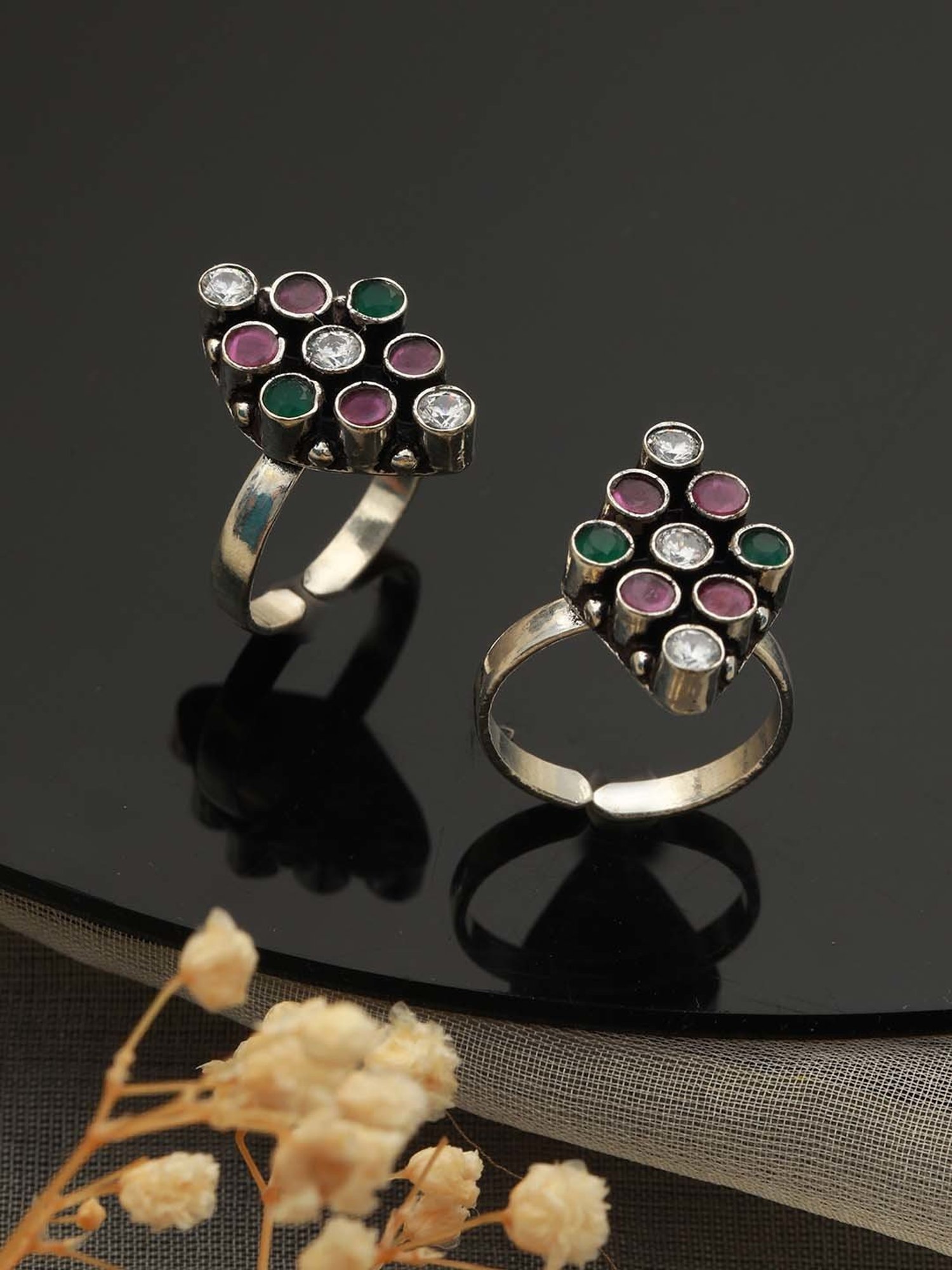 Saraf RS Jewellery Oxidized Multicolored AD Studded Adjustable Toe Rings - Set of 2