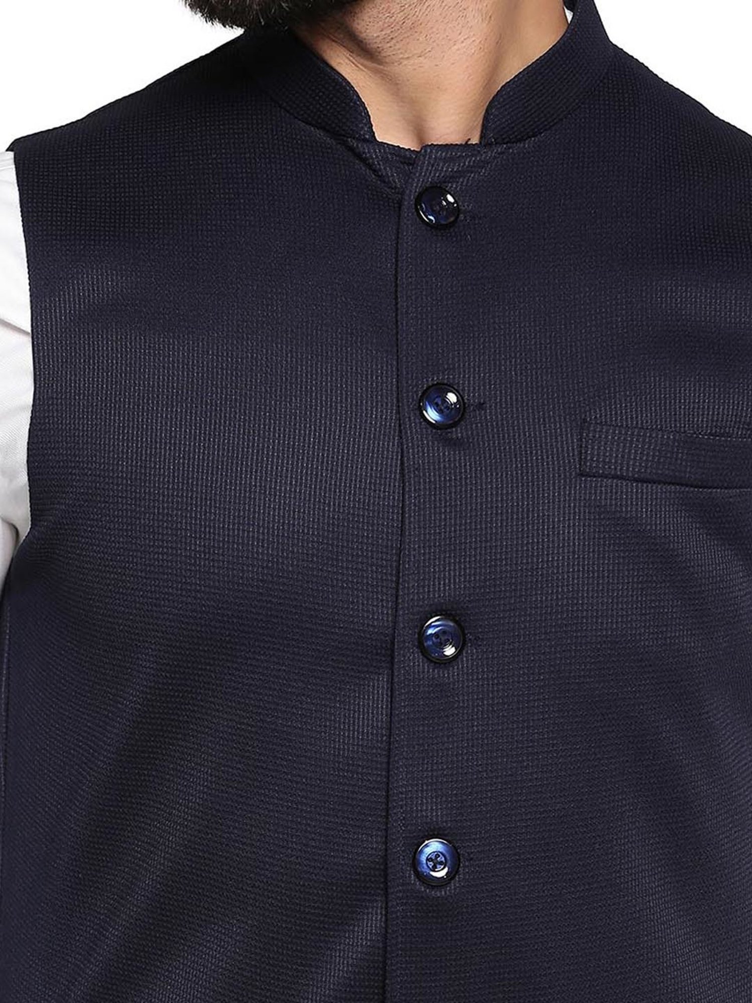 TAHVO Navy Blue Cotton Slim Fit Nehru Jacket