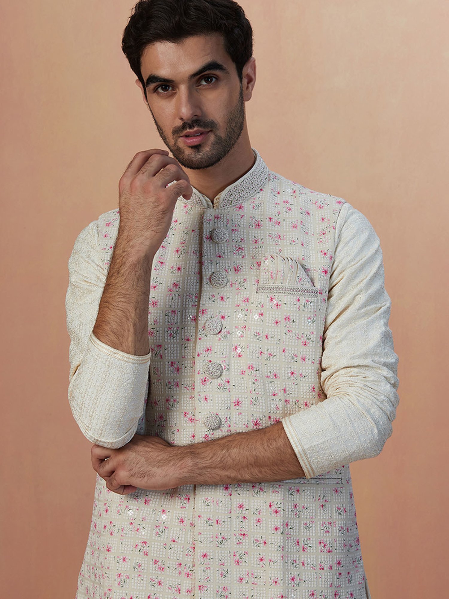 Manyavar Beige Regular Fit Self Design Nehru Jacket