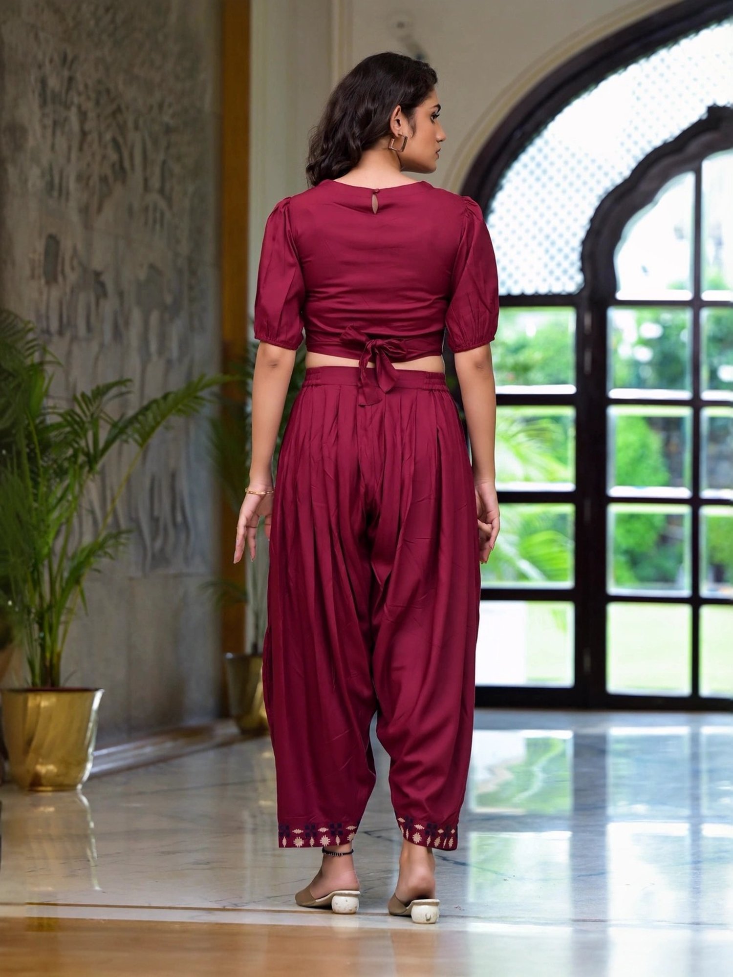 Juniper Maroon Embroidered Crop Top Dhoti Pant Set
