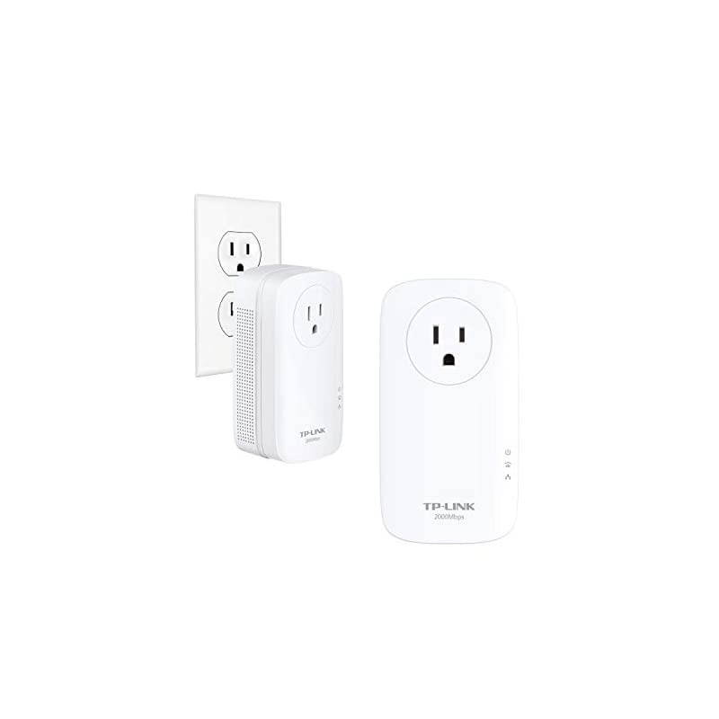 AV2000 Powerline Adapter 2 Gigabit Ports Ethernet Over Power PlugampPlay Power Saving 2x2 MIMO Noise Filtering Extra Power Socket for other Devices Ideal for Gaming TLPA9020P KIT