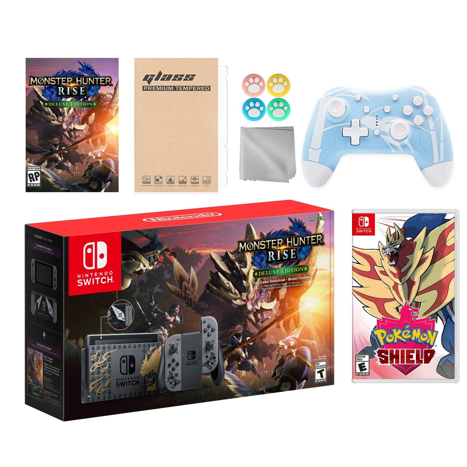 Nintendo Switch Monster Hunter Limited Console Set Plus Monster Hunter Rise Deluxe Edition, Bundle With Pokemon Shield And Mytrix Wireless Switch Pro Controller and Accessories