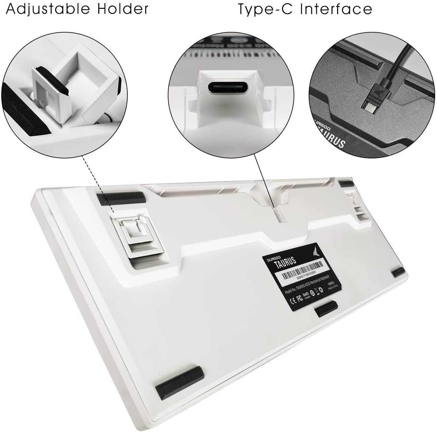 Durgod Taurus K320 TKL Mechanical Gaming Keyboard - 87 Keys - Double Shot PBT - NKRO - USB Type C (Cherry Clear, White)