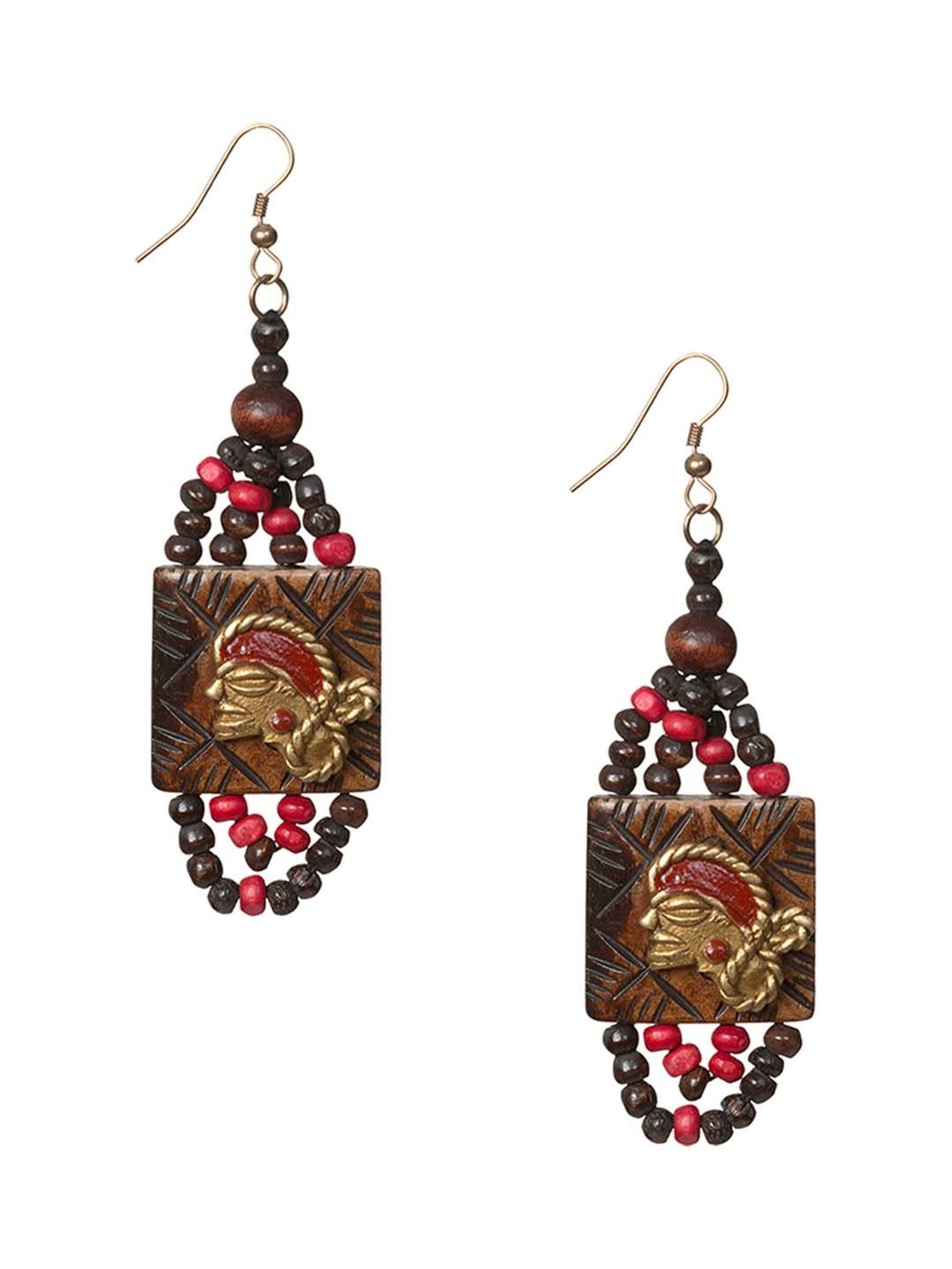 ExclusiveLane Tribal Beaded Women Brown & Pink Brass Resin Earrings Handcrafted in Dhokra Art