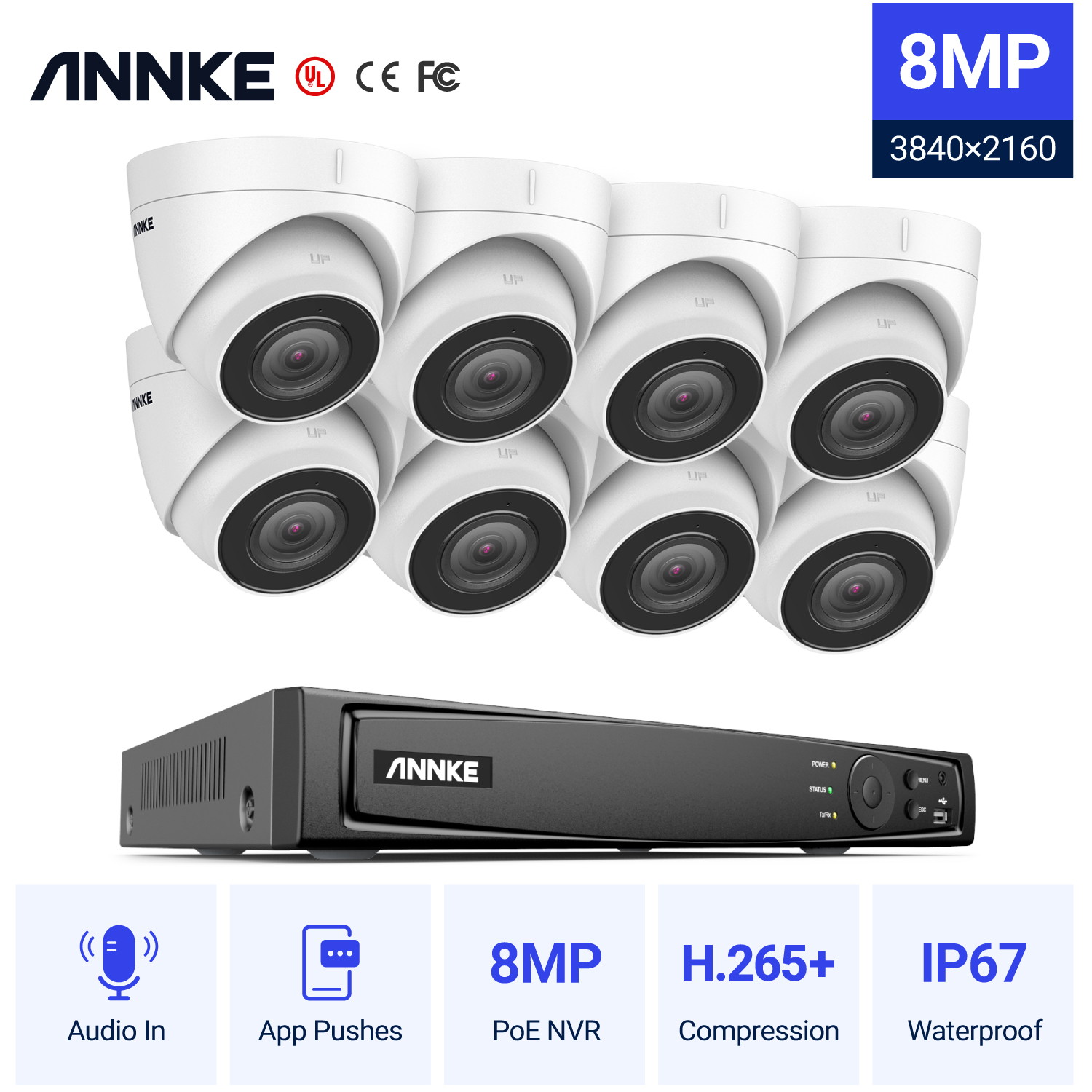 ANNKE H800 8MP 4K Ultra HD PoE ONVIF 8CH NVR Turret Security Camera System with H.265+ Coding 4K Wired HD Outdoor Indoor IP67 Weatherproof Cameras -NO HDD