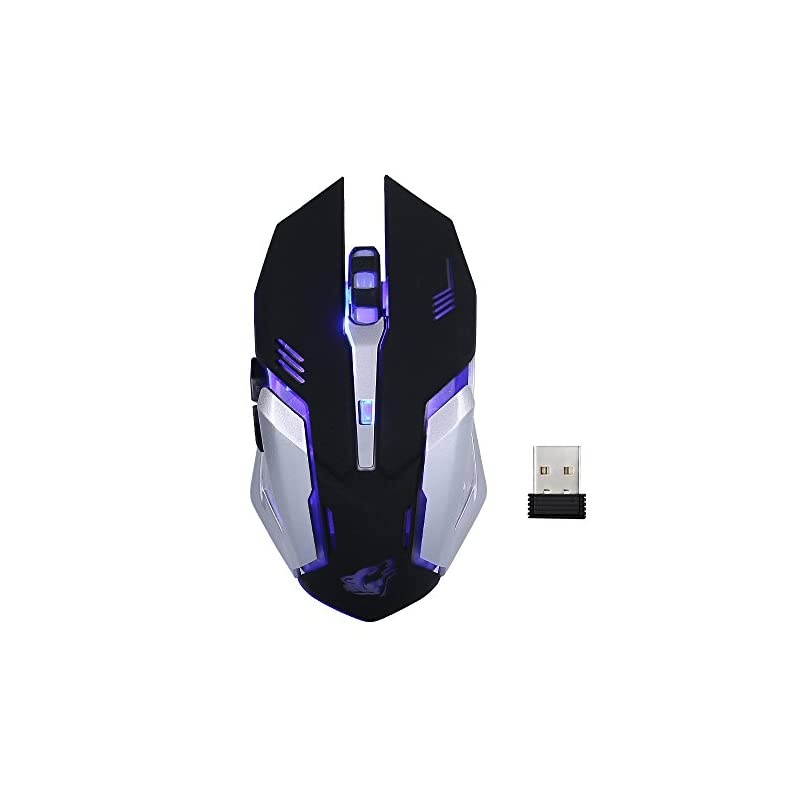 Wireless Rechargeable Gaming Mouse - USB Optical Mice with Silence Click, 3 Adjustable DPI, 6 Buttons, 7 Changing Breathing Backlight - GM07 Black