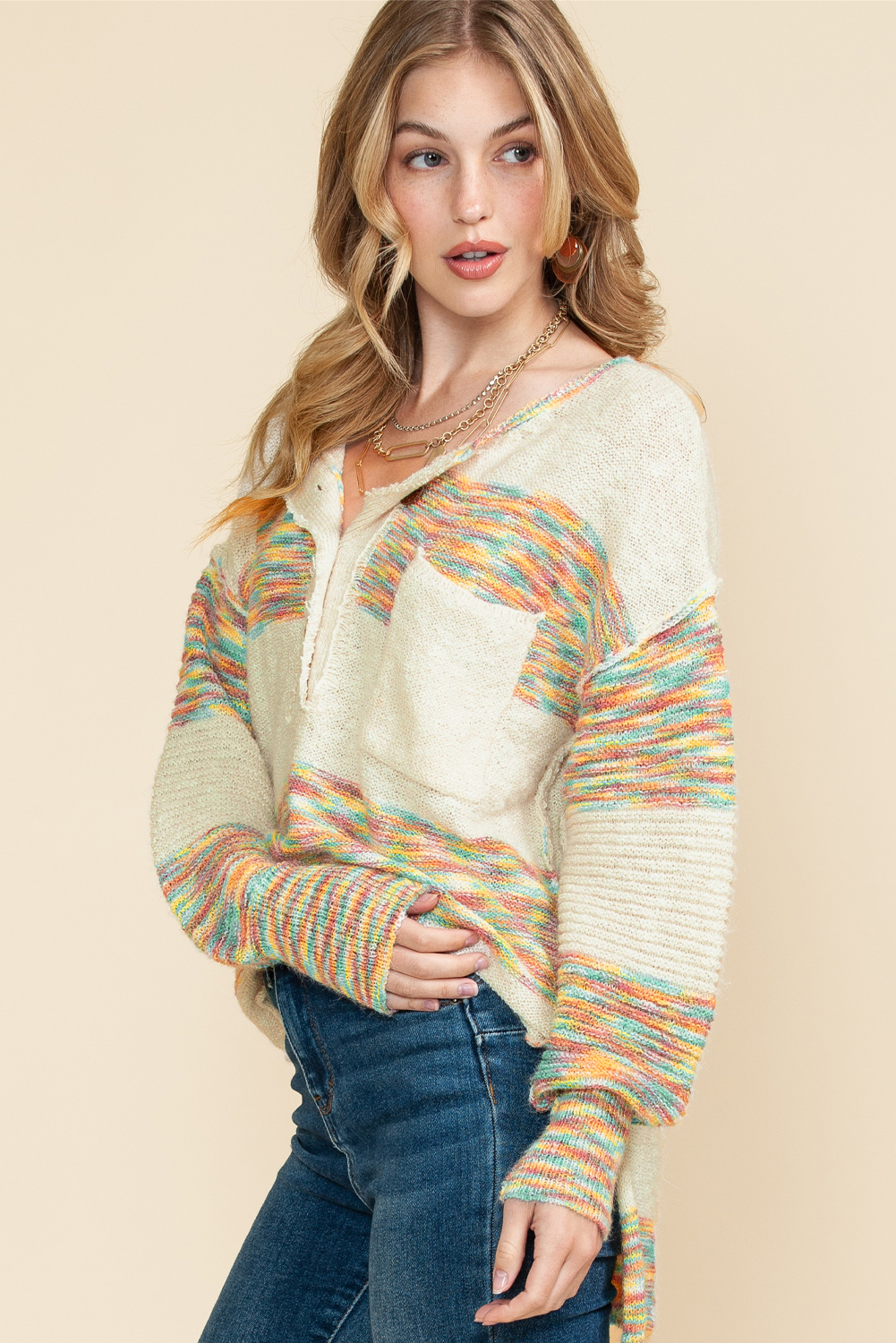Yellow Drop Shoulder Henley Pullover Sweater With Slits