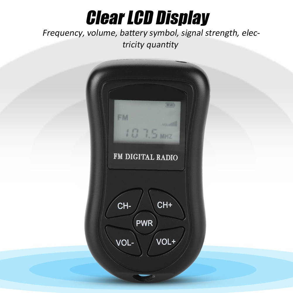 Black Mini Portable Pocket Digital Battery Powered FM Radio Receiver w/ Earphone