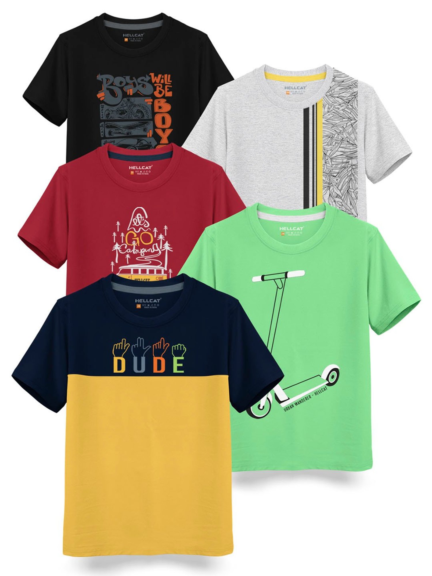 HELLCAT Kids Multicolor Printed T-Shirt (Pack Of 5)