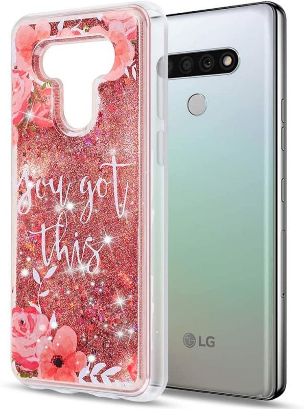 REDShield Waterfall Ring Liquid Sparkling Quicksand TPU CASE for LG STYLO 6 - Pink Flower