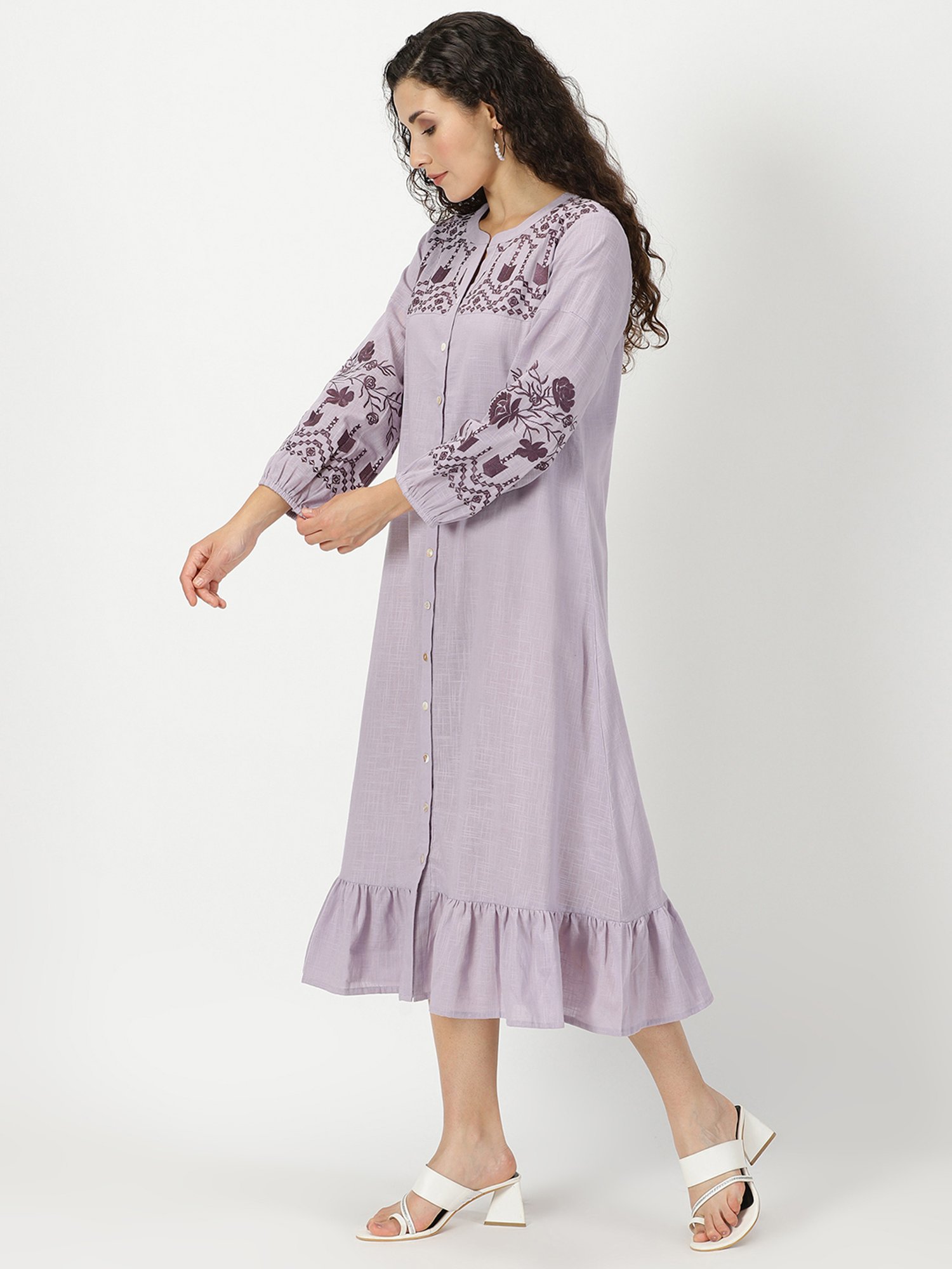 Saffron Threads Lilac Cotton Embroidered Ethnic Dress