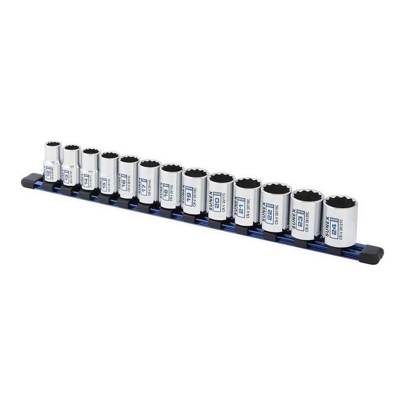 Sunex 28102C 13 Pc 1/2 in. Drive Standard Socket Set - MM 12 Pt Rail