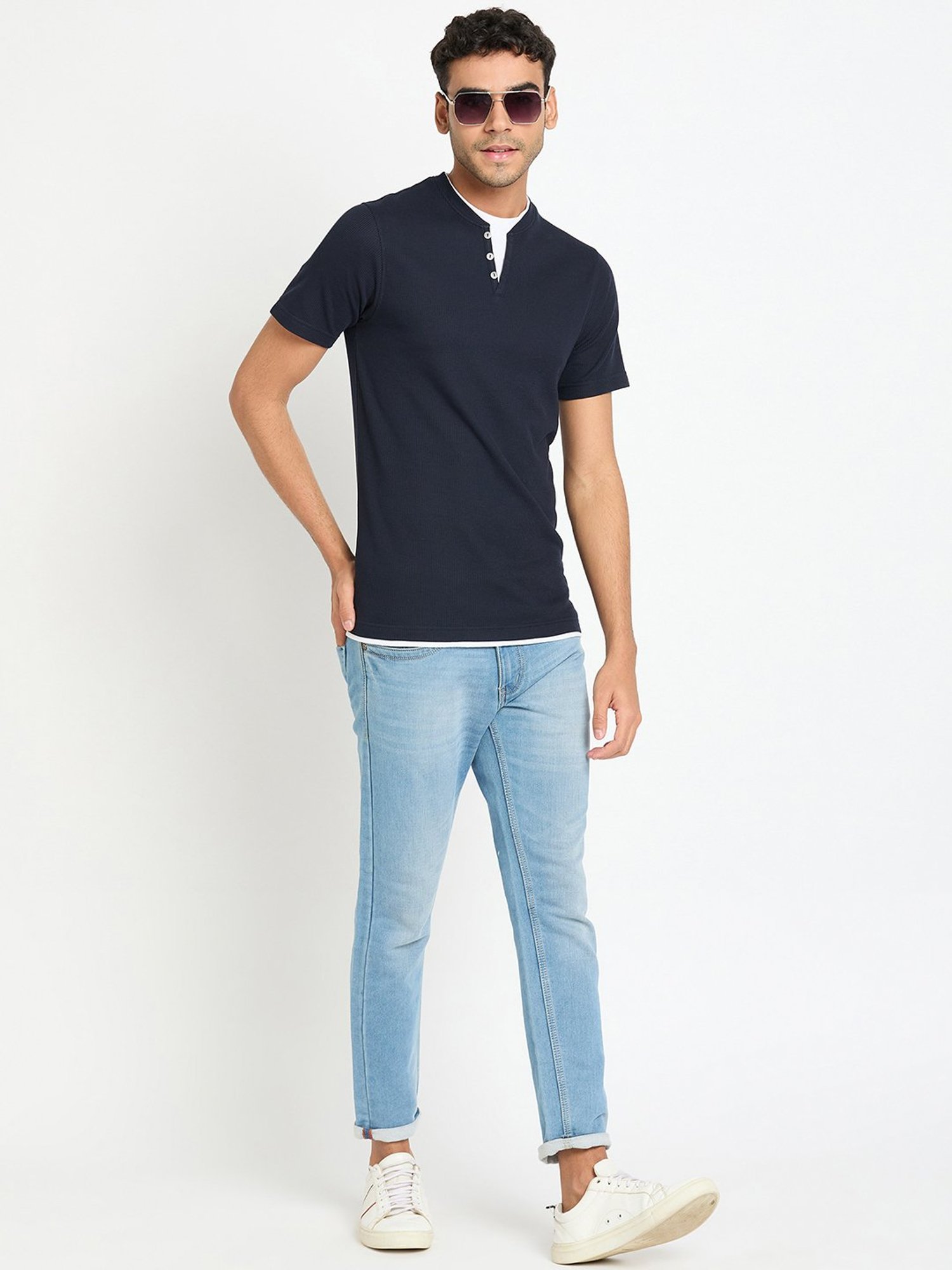 Club York Navy Regular Fit Textured Henley T-Shirt