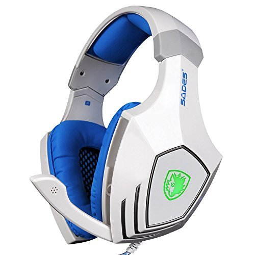GW SADES AW80 Wired USB Stereo Over Ear Gaming Headset headphones with Mic, Bass Vibration, Volume Control for PC/Laptop (White/Blue)