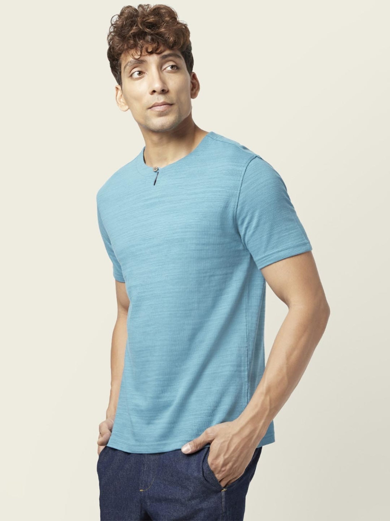 7 Alt by Pantaloons Dull Blue Cotton Relaxed Fit Polo T-Shirt