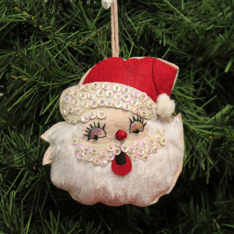 Holiday Ornament 4.0" Retro Felt Sequin Santa Face Vintage 1950 1960 Christmas  -  Tree Ornaments