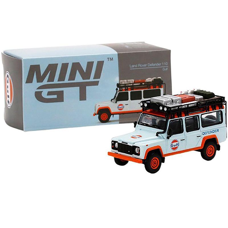 Land Rover Defender 110 with Roof Rack & Accessories "Gulf" Light Blue & Orange 1/64 Diecast Model Car by True Scale Miniatures
