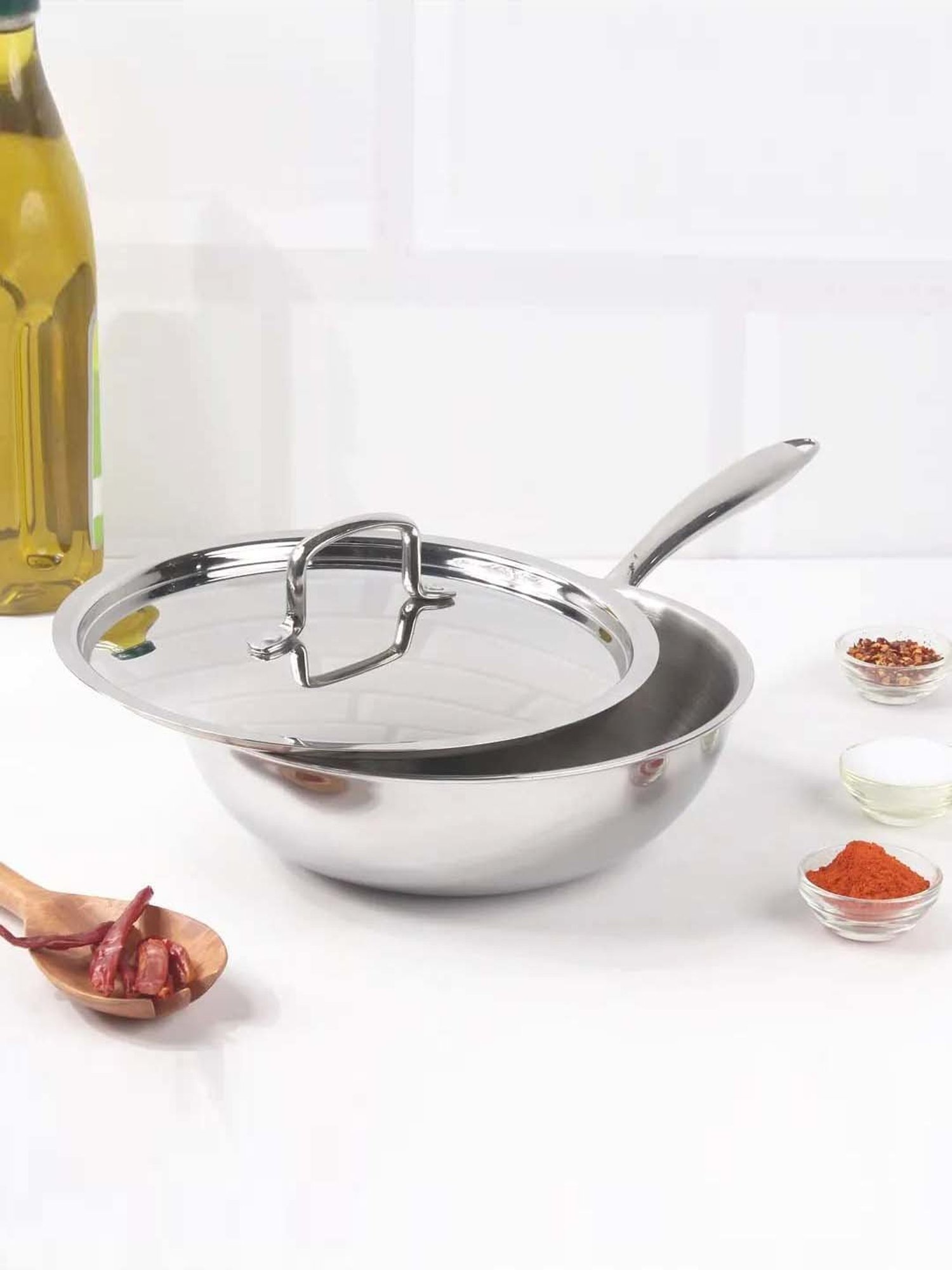 The Indus Valley Silver Stainless Steel 22 cm Induction Compatible Kadai With Lid (1.8 L)