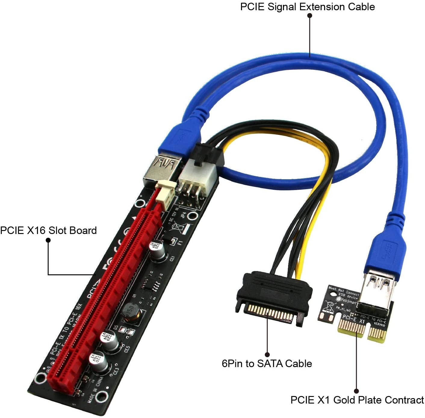 PCIe Riser, High Performance 1x to 16x Powered Riser Adapter Card for Bitcoin Litecoin ETH C oin Mining 6 PIN Powered PCIE Extension Cable GPU Riser Ethereum Mining ETH GPU Extension Cable - 6 Pack