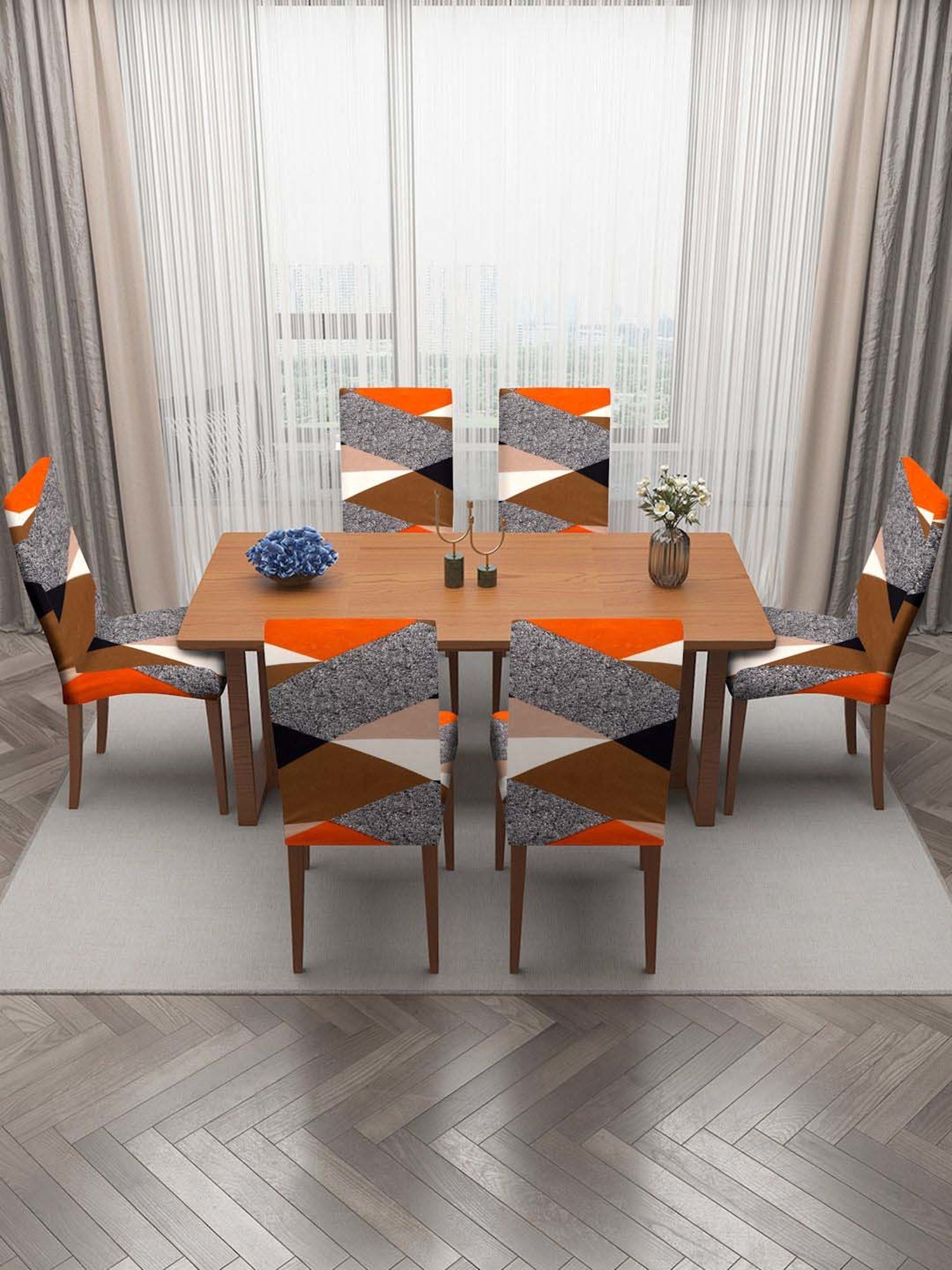 HOSTA HOMES Grey & Orange Polyester Stretchable Printed Chair Cover - Set of 6