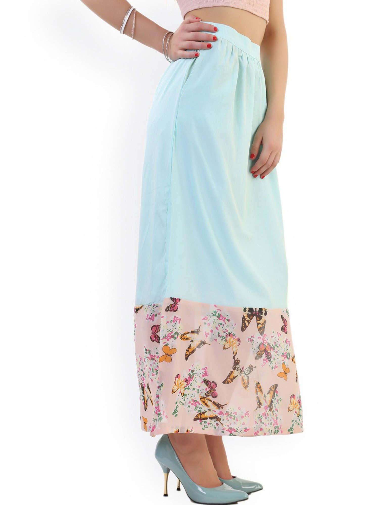 Belle Fille Sky Blue & Beige Printed Skirt