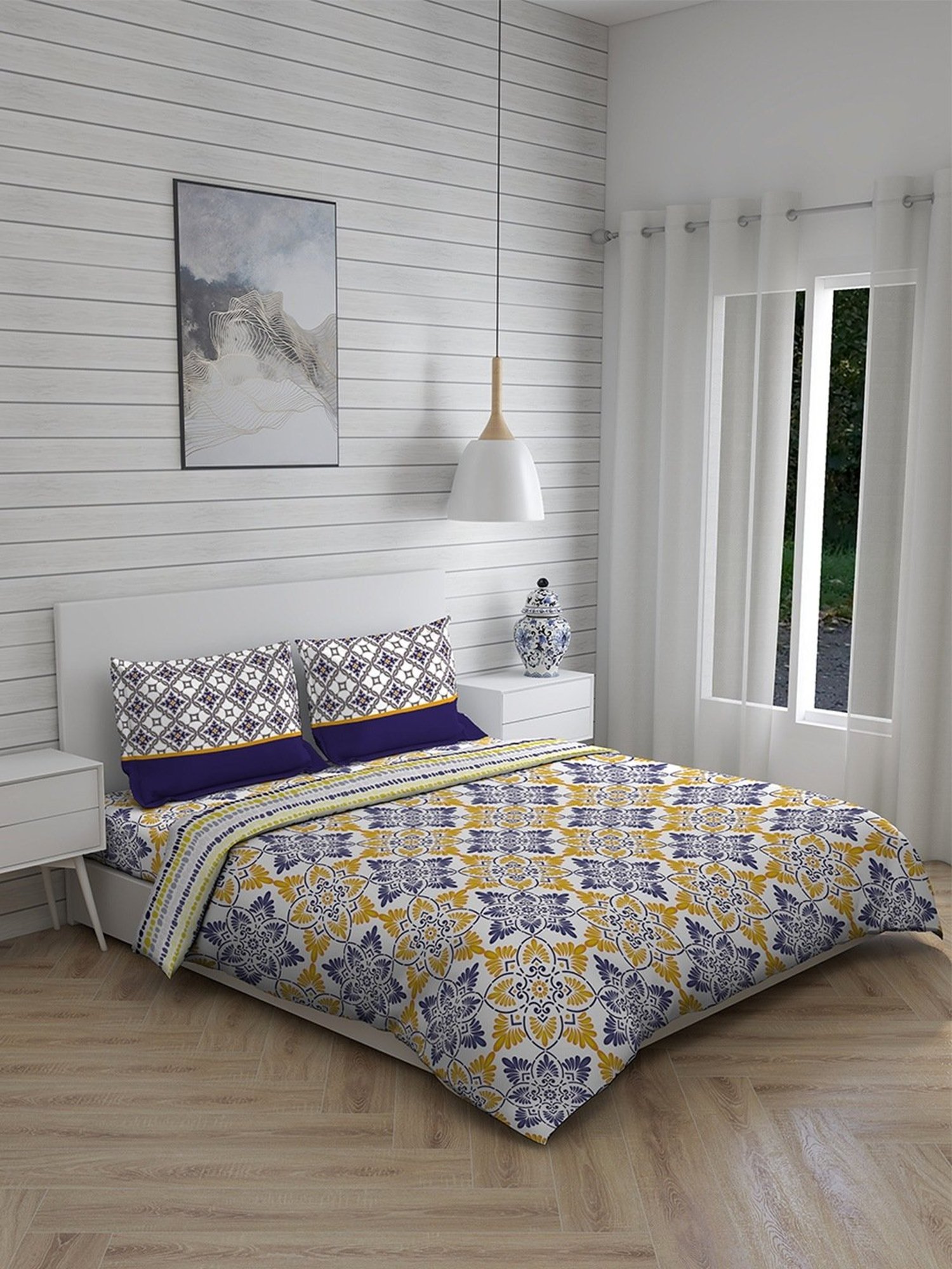 Layers Roma Floral Yellow 120 TC Cotton King Bedding Set