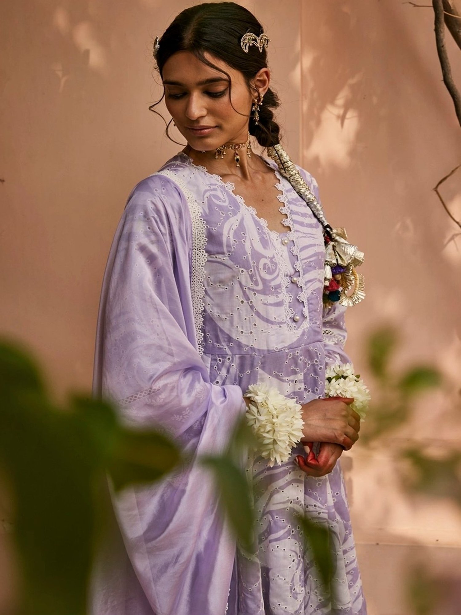 Heeposh Lilac Cotton Embroidered Kurta Pant Set With Dupatta