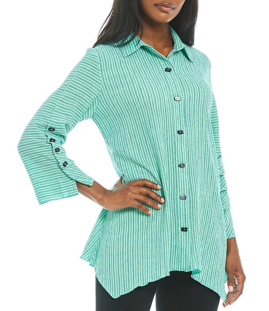 Calessa Crinkle Stripe Button Front Tunic