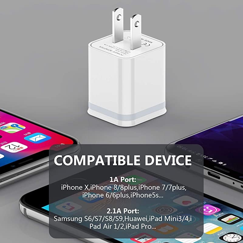 USB Wall Charger, 5-Pack 2.1A/5V Dual Port USB Cube Power Adapter Charger Plug Charging Block Replacement for iPhone Xs/XR/X, 8/7/6 Plus, Samsung, HTC, LG, Moto, Android Phones