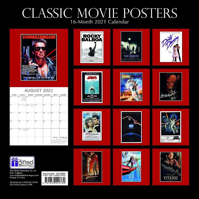 The Gifted Stationery 2021 Wall Calendar 12" x 12" Monthly View, Classic Movie Posters, 16-Month, with 180 Reminder Stickers