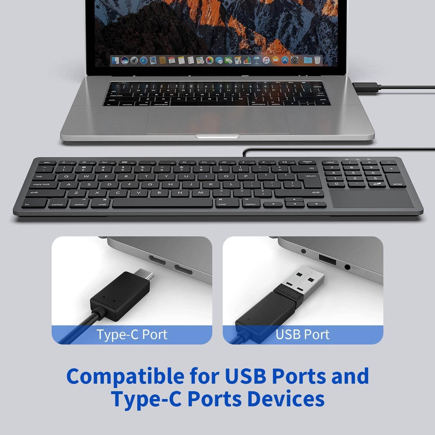 Wired Keyboard for Mac OS, Jelly Comb 2-in-1 (USB+Type C) Wired Keyboard with Touchpad Ultra Slim Compact USB Keyboard with Numeric Keypad for Mac OS/iPad Pro/iPad 2020-Black and Grey K068