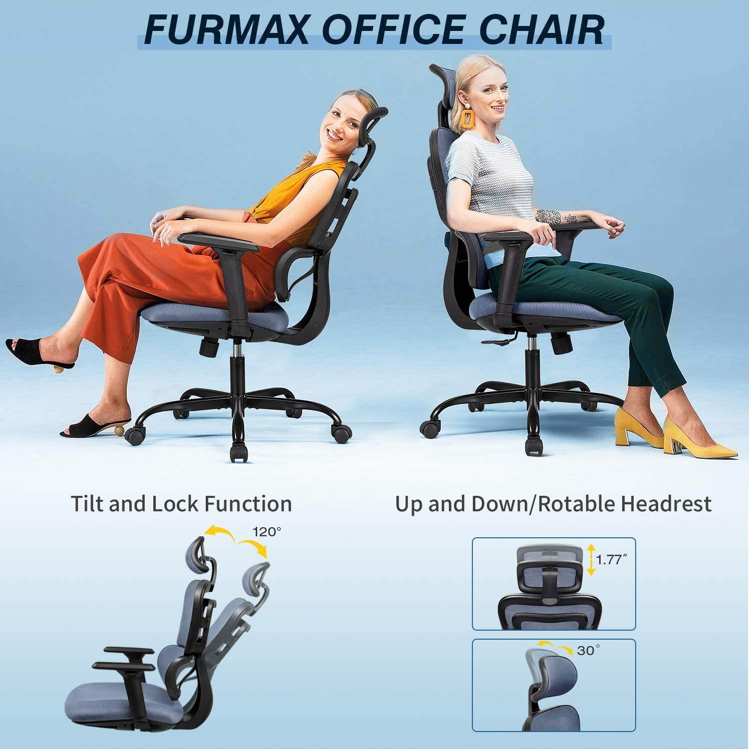 Furmax Ergonomic Office Chair Computer Desk Chair Mesh Fabric High Back Swivel Chair with Adjustable Headrest and Armrests Executive Rolling Chair with Curved Lumbar Support (Gray)