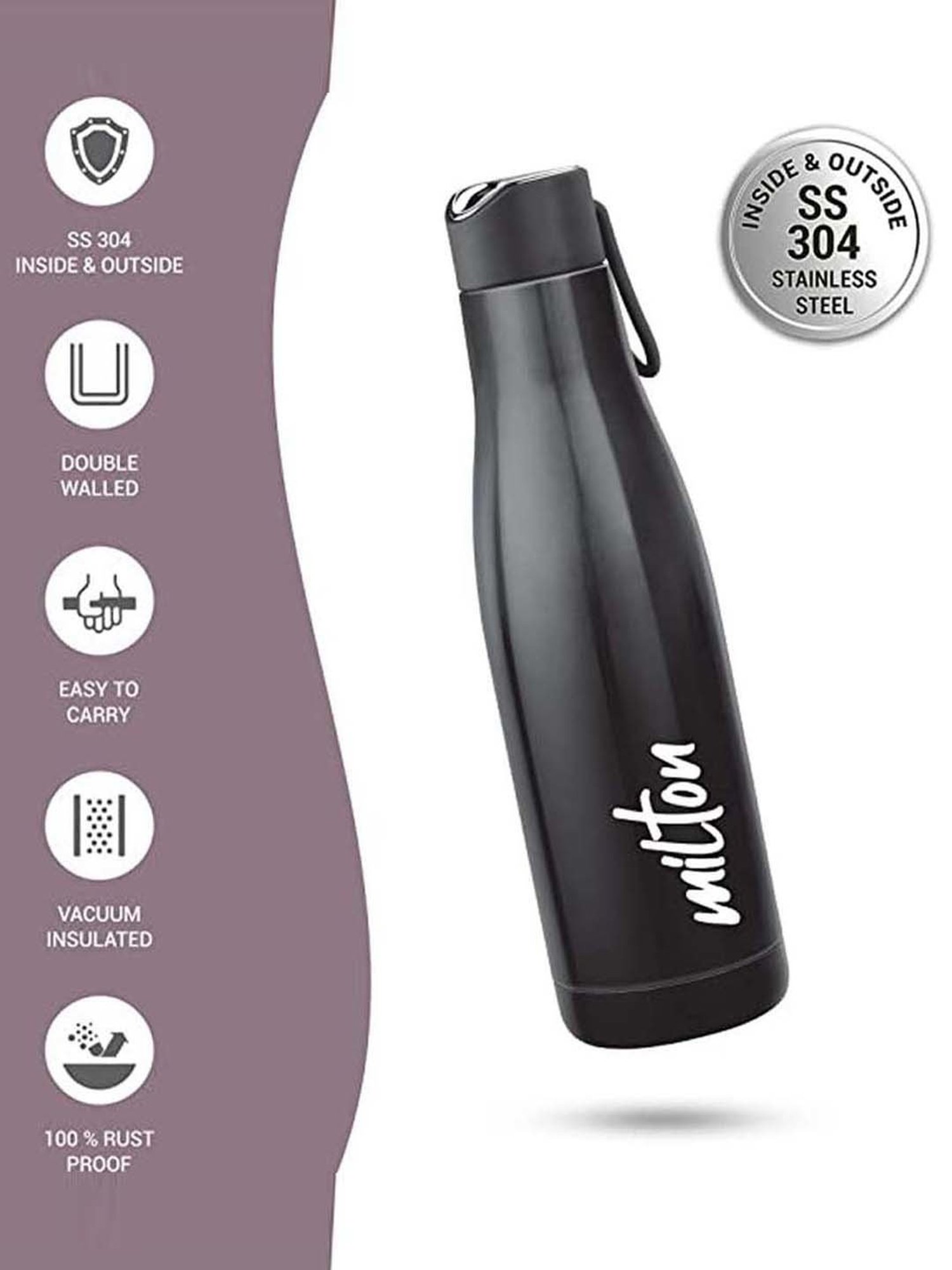 Milton Black Stainless Steel Water Bottle (0.891 L)