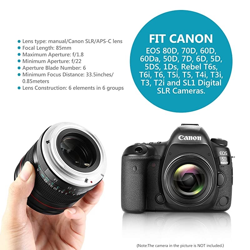 85mm f/1.8 Manual Focus Aspherical Medium Telephoto Lens for APS-C DSLR Canon EOS 80D, 70D, 60D, 60Da, 50D, 7D, 6D, 5D, 5DS, 1Ds, Rebel T6s, T6i, T6, T5i, T5, T4i, T3i, T3, T2i and SL1 Digital