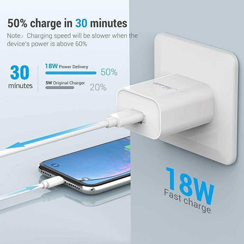 iPhone Fast Charger  18W PD Wall Charger MFi Certified 6FT USB C to Lightning Cable Power Delivery Adapter Support Quick Charging for iPhone 12 Pro Max 11 Pro XR XS X 8 Plus iPad Pro