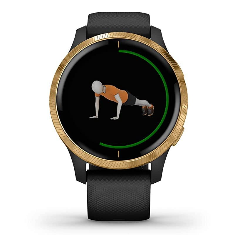 Garmin Venu (Black/Gold) Power Bundle | +HD Screen Protectors (x4) &  Portable Charger | AMOLED Display, Spotify | Fitness GPS Smartwatch