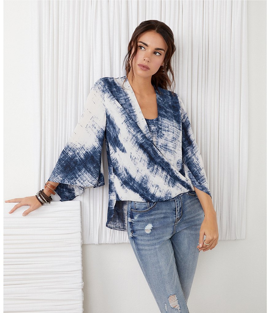 Karen Kane Angle Sleeve Abstract Print Crossover Top