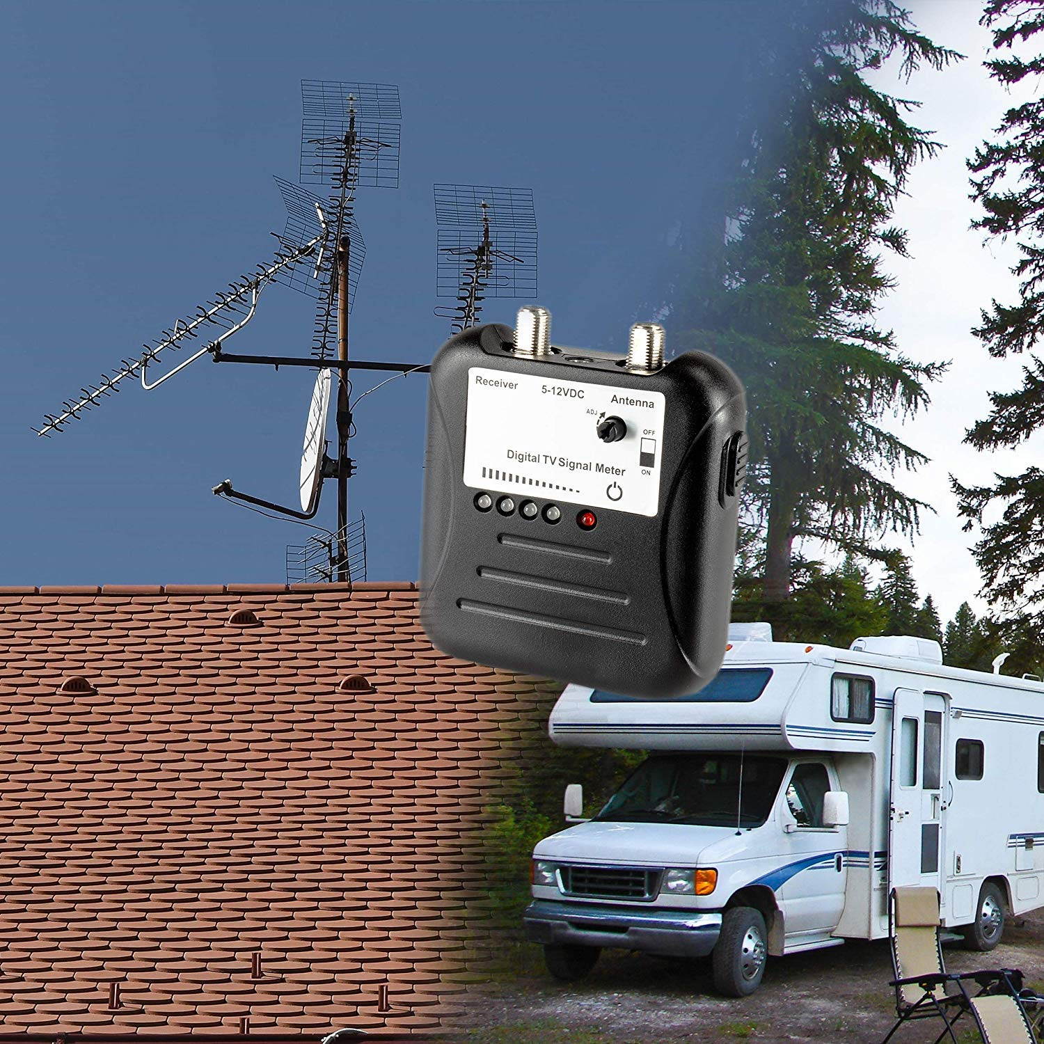 THE CIMPLE CO - Signal Strength Meter with Adjustable Signal Strength | Digital TV OTA Antenna Finder with LED Indicator Display and Coax Cable