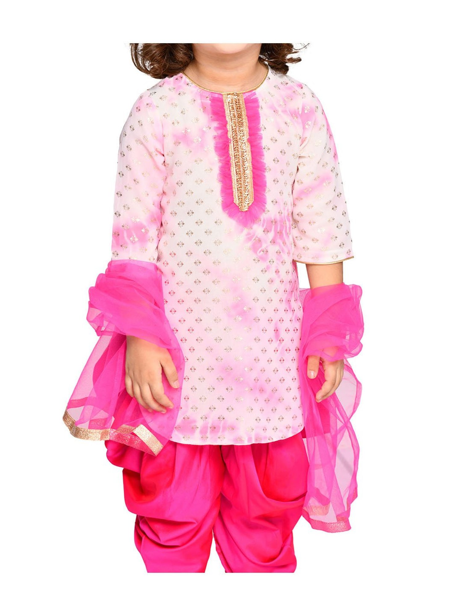 Saka Designs Kids Magenta & Gold Tie Dye Kurta with Dhoti & Dupatta