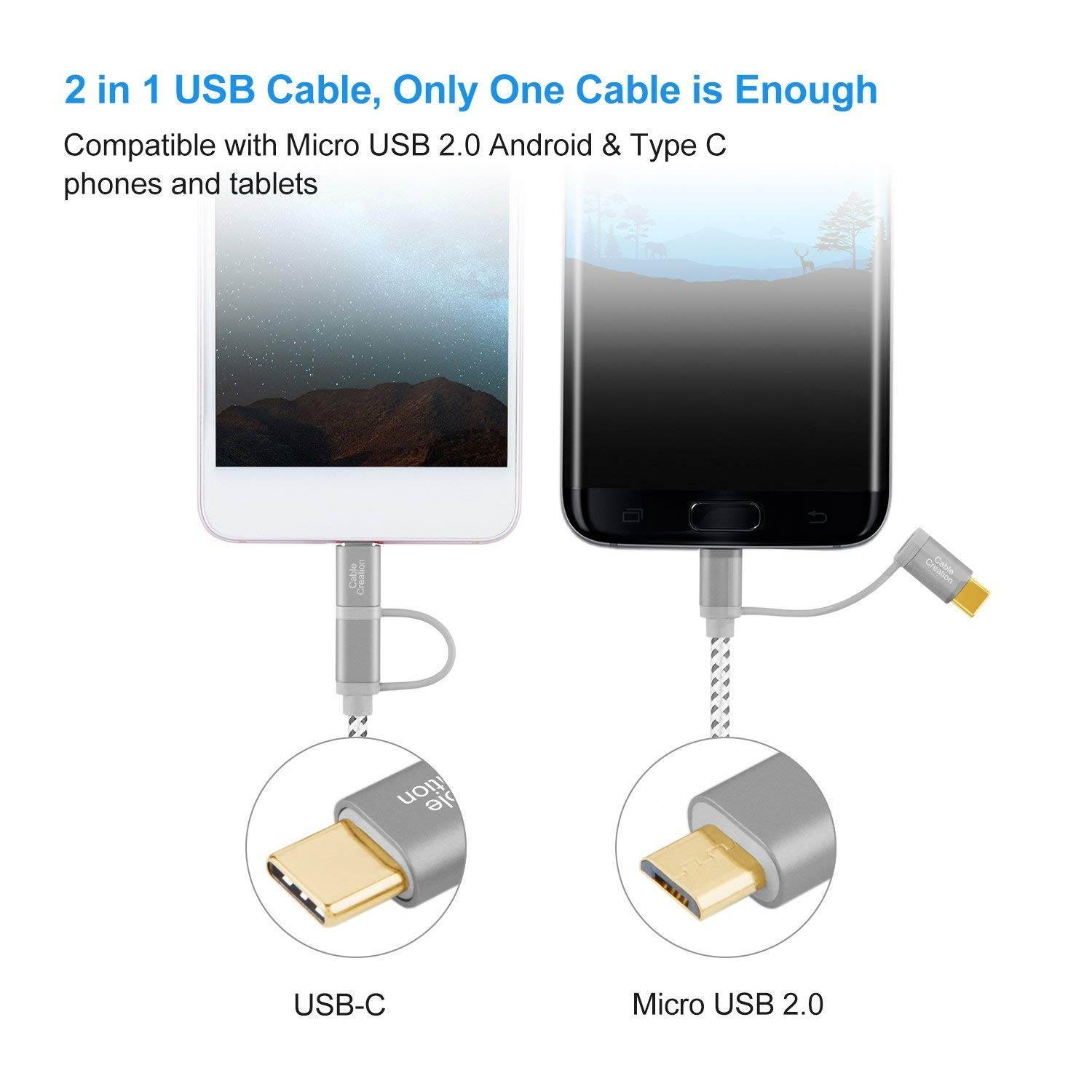 2 in 1 USB C Cable, CableCreation 0.8ft Braided USB C and Micro USB to USB A Fast Charge Cord, Compatible with Sumsang Note 8, Pixel XL, Android & USB-C Devices, 0.25 M/Space Gray Aluminum Case