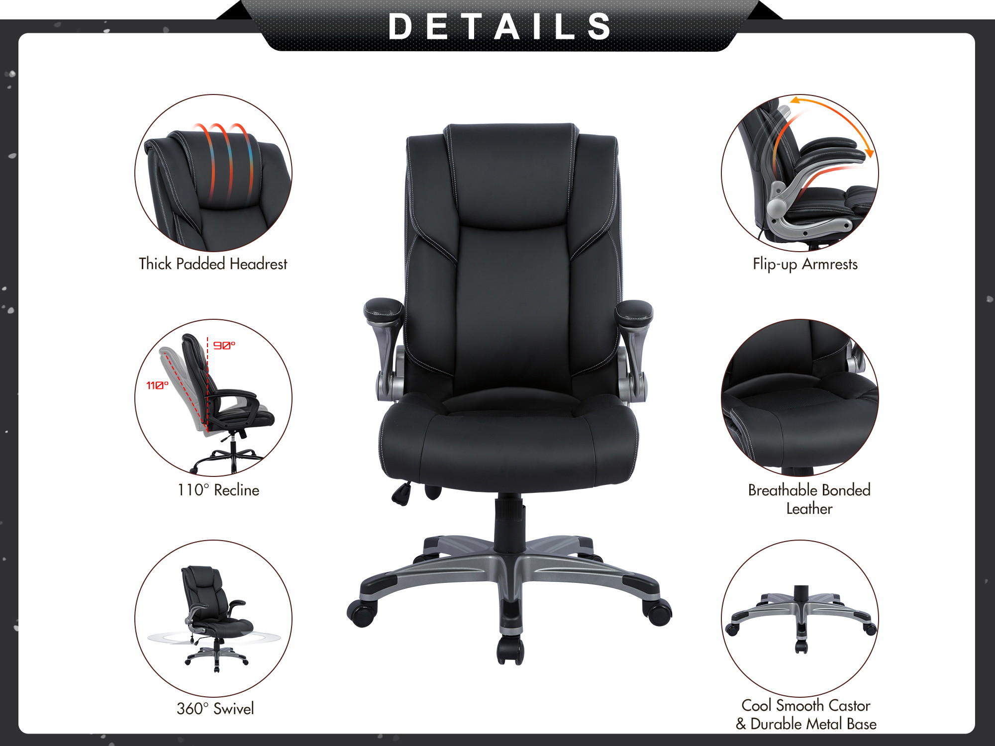 Big & Tall Bonded Leather Office Chair Comfortable Ergonomic Executive Computer Desk Chair Adjustable Tilt Angle , Thick Padding Lumbar Support