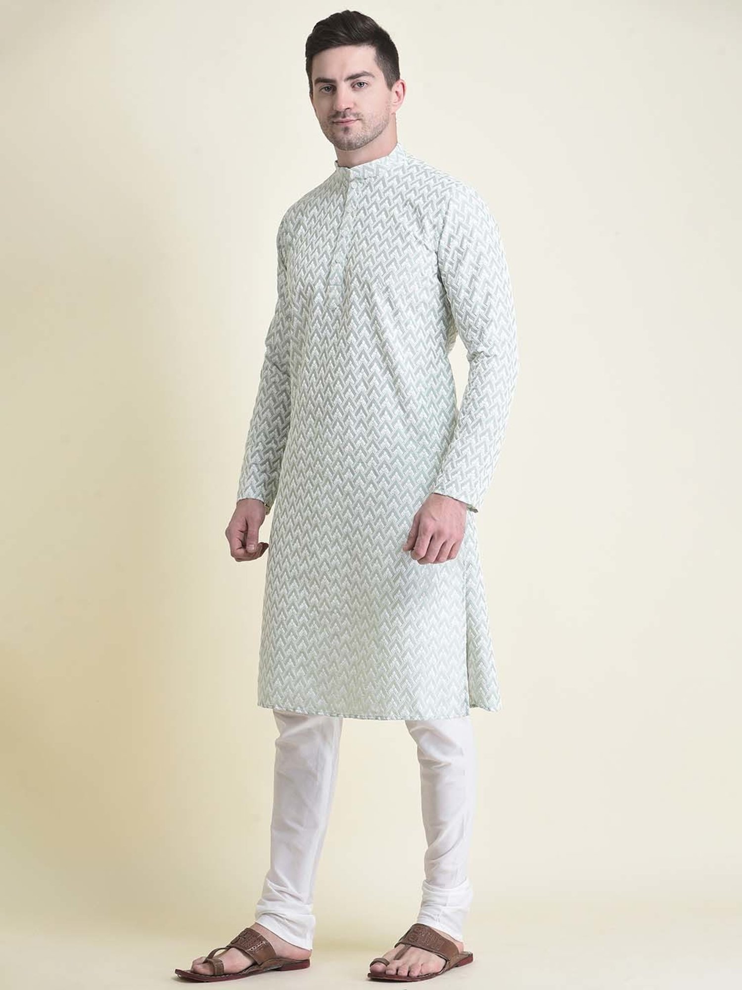TABARD Light Green Regular Fit Chikankari Embroidery Full Sleeves Kurta with Churidar Set