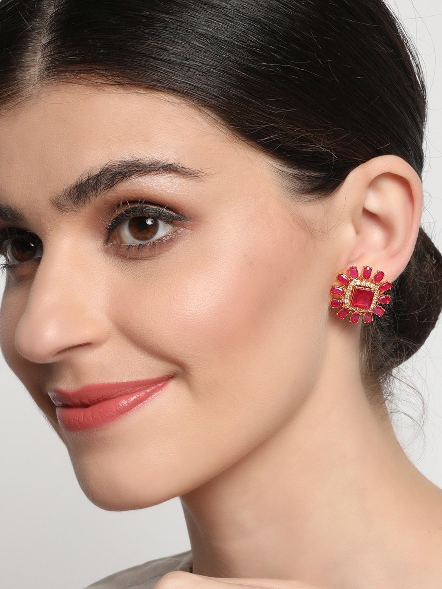 Aatmana Gold-Plated Marron & Ruby Studded Floral Stud Earrings for Women