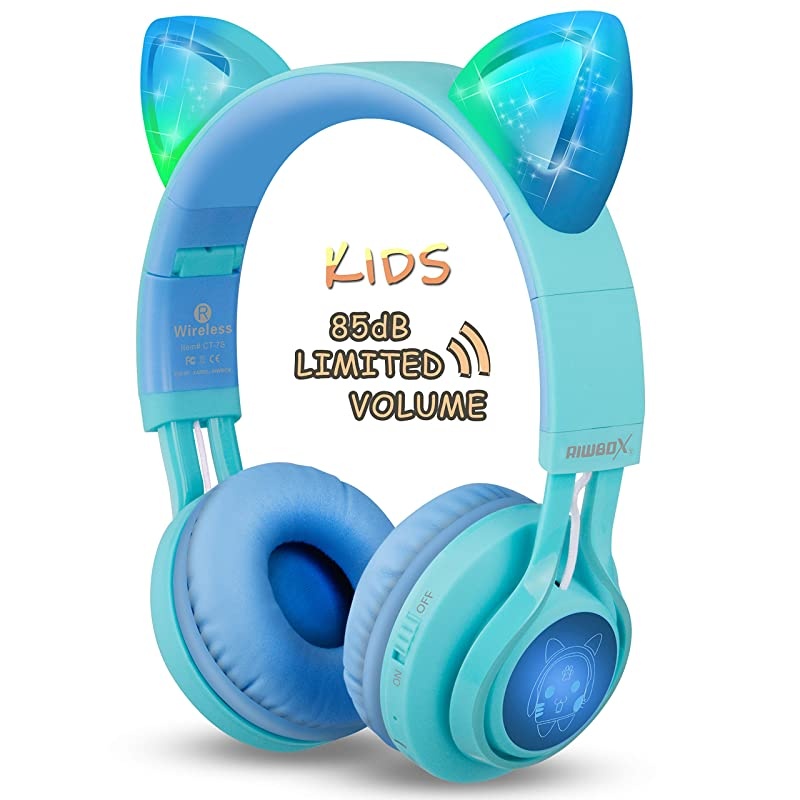 Kids Headphones,  CT-7S Cat Ear Bluetooth Headphones 85dB Volume Limiting,LED Light Up Kids Wireless Headphones Over Ear with Microphone for iPhone/iPad/Kindle/Laptop/PC/TV(Blue&Green)