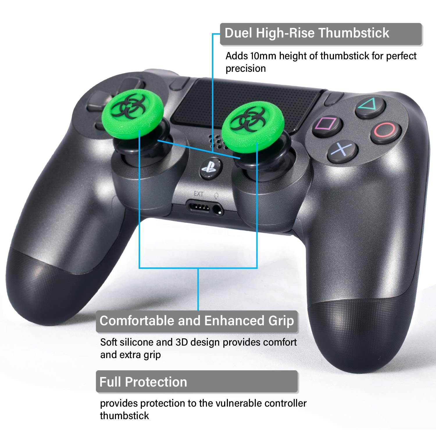 FPS Thumbstick Extender & 3D Texture Rubber Silicone Grip Cover 2 Sets for PS5 Dualsenese & PS4 Controller (BioH Green)